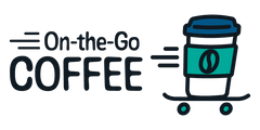 An icon with a coffee cup on a skateboard that says "On-the-go Coffee"