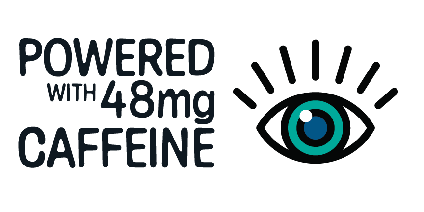 An icon with an open eye that says "Powered with 48mg Caffeine"